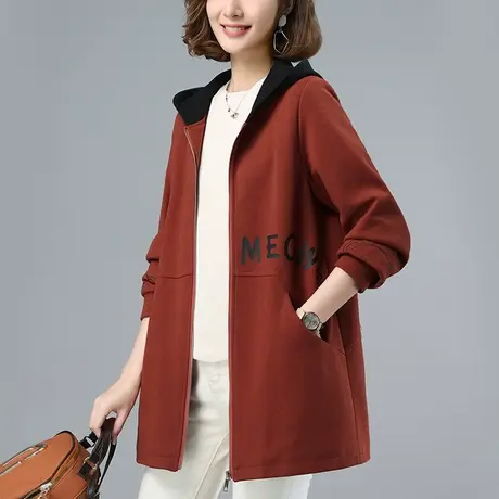 中年妈妈休闲连帽卫衣外套女秋冬季新款加肥加大码宽松中长款风衣商品大图