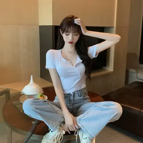 纯欲风半开领纽扣短袖t恤女小个子2024夏季新款韩版修身半袖上衣商品大图