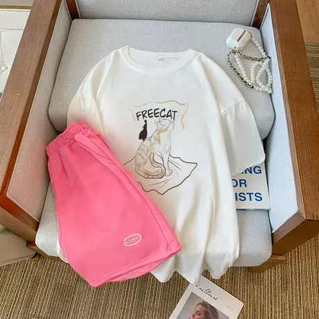 纯棉运动服套装跑步女夏季宽松短袖短裤小个子时尚洋气休闲两件套商品大图