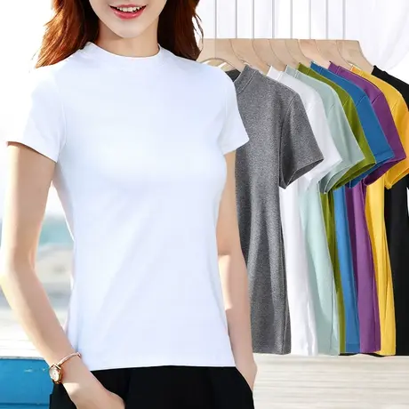 净版白色三分短袖小立中半高圆领修身内搭打底t恤女夏季外穿体恤商品大图