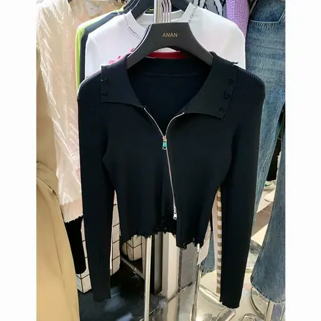 2023春季新品韩版设计感polo领双拉链不规则针织上衣百搭洋气小衫商品大图