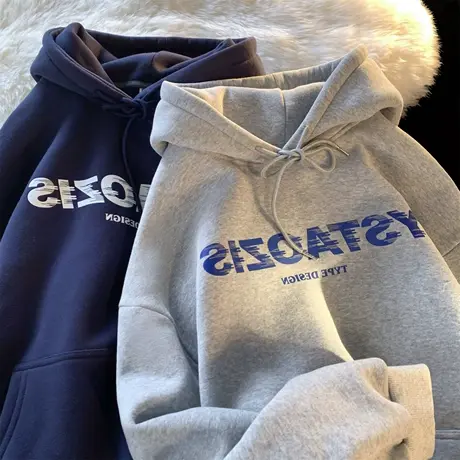 加绒带帽休闲风字母卫衣女国潮hiphop高街大码宽松ins外套上衣冬商品大图