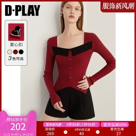 DPLAY冬法式复古红拼黑撞色翻领爱心扣修身套头针织打底衫商品大图