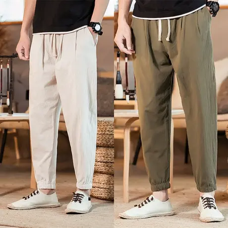 夏季胖子加肥加大码九分裤男裤子韩版潮流亚麻休闲裤宽松棉麻小脚商品大图