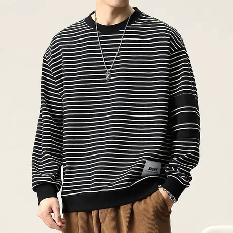 春季男装美式重磅T恤春秋款中性风条纹圆领卫衣春天男士长袖上衣商品大图