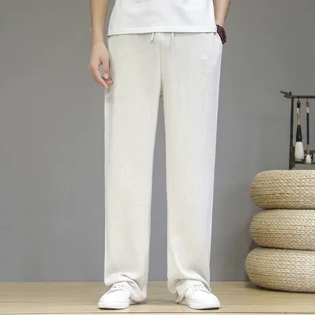 松紧腰亚麻裤子男秋季薄款垂感直筒裤宽松休闲长裤子透气棉麻西裤图片