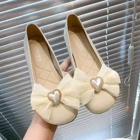 豆豆鞋女夏2023年新款软底爱心结甜美仙女风平底百搭小众浅口单鞋商品大图