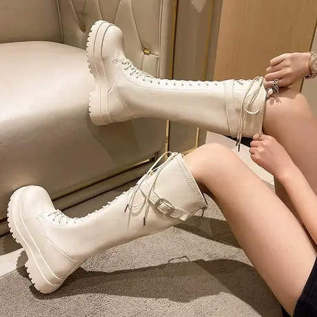 早秋厚底皮靴网红长靴女2024年新款春秋单靴不过膝超火高筒马丁靴图片