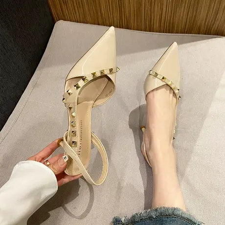 法式一字带铆钉高跟鞋女2024年夏季新款时尚气质尖头百搭细跟凉鞋图片