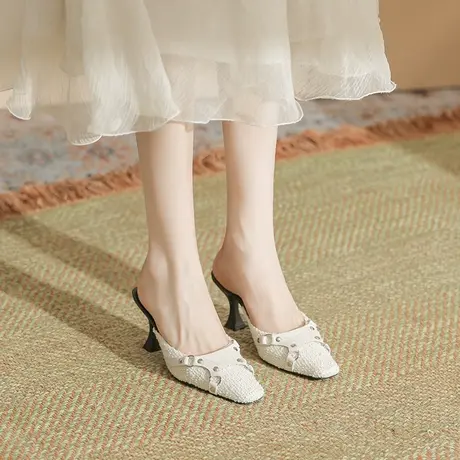 包头外穿高跟鞋女2024年夏季新款性感百搭懒人一脚蹬气质细跟拖鞋商品大图