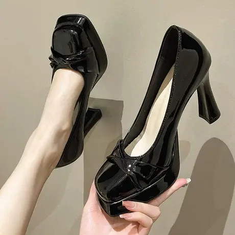 防水台高跟鞋女2023年春季新款粗跟防滑时尚小众方头浅口百搭单鞋图片