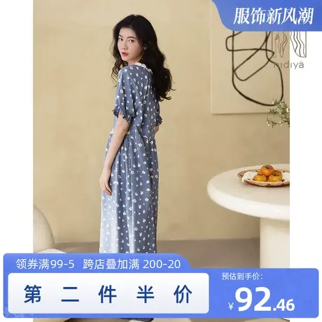 妮狄娅睡衣睡裙女夏季纯棉薄款短袖套头宽松优雅碎花家居服中长裙图片