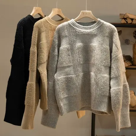 享永子【温柔大气】安迪绒方格套头毛衣女士秋冬针织纯色上衣宽松商品大图