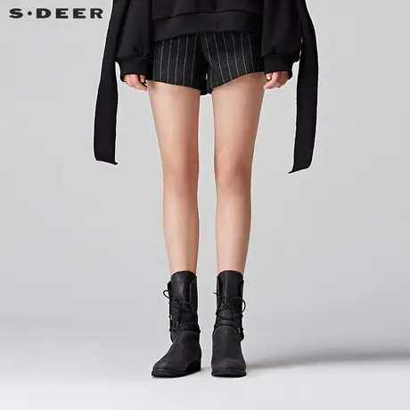sdeer圣迪奥2018冬装英伦条纹直筒腰带毛呢短裤休闲裤女S17480970商品大图