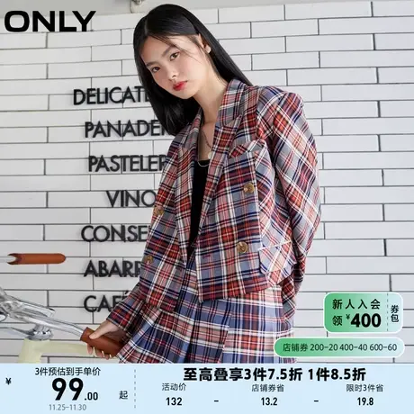 ONLY奥莱夏季休闲学院风格子短款双排扣小西装外套女商品大图