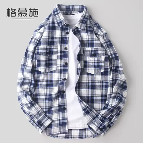 格慕施秋季法兰绒纯棉长袖衬衫男士商务休闲2023青年格子大码衬衣图片
