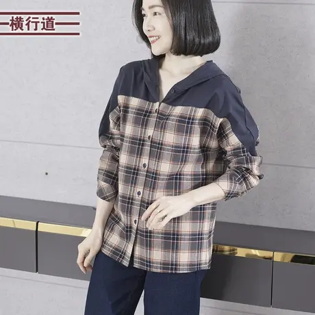 2023冬季新款简约韩版连帽拼接格子宽松长袖开衫女装外穿上衣大码图片