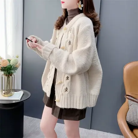 日系学院风牛角扣毛衣开衫女秋冬2023年新款宽松软糯刺绣针织外套商品大图