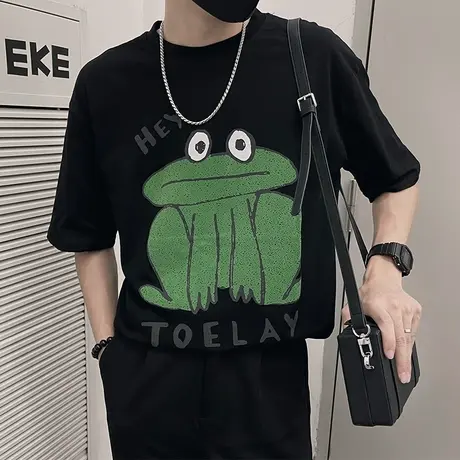 夏季男士t恤打底衫短袖半袖潮牌潮流青蛙图案时尚休闲小众INS体恤商品大图