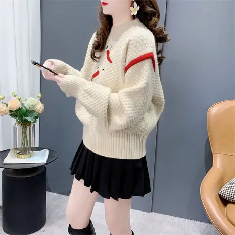 新年圣诞小个子半高领毛衣女秋冬2023年新款宽松加厚爆款针织上衣商品大图