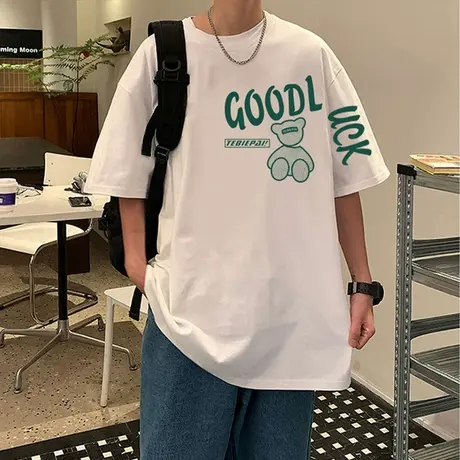 短袖t恤男夏季纯棉潮流宽松上衣2023新款美式涂鸦小熊印花半袖衫商品大图