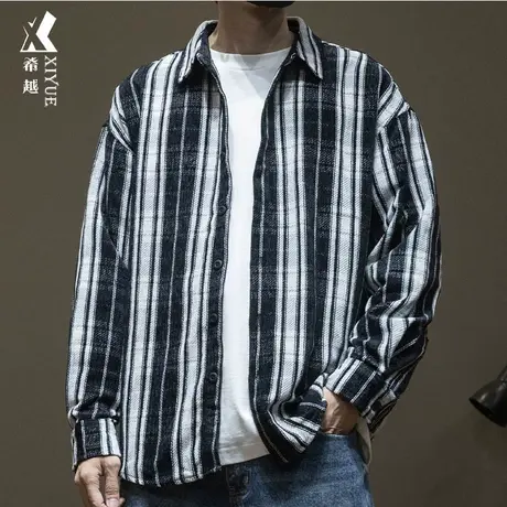 希越2024春季新款条纹衬衫男士宽松大码潮牌美式休闲夹克工装衬衣商品大图