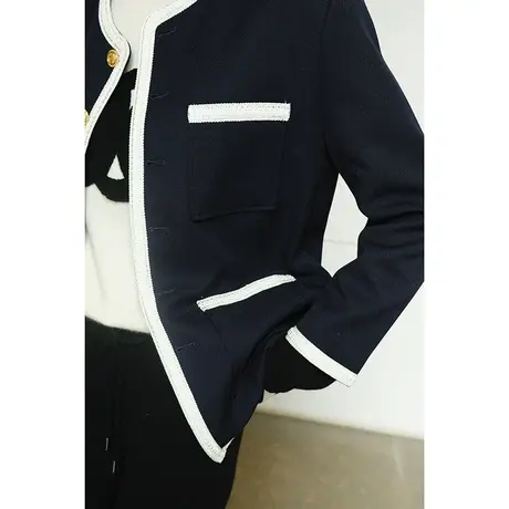 2024春季新款大牌圆领镶边刺绣外套时髦休闲藏蓝色女士外套上衣女图片