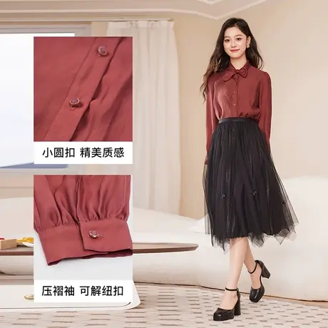 【新年搭配】【新年战袍】香影飘带衬衫女酒红色上衣职业本命年商品大图