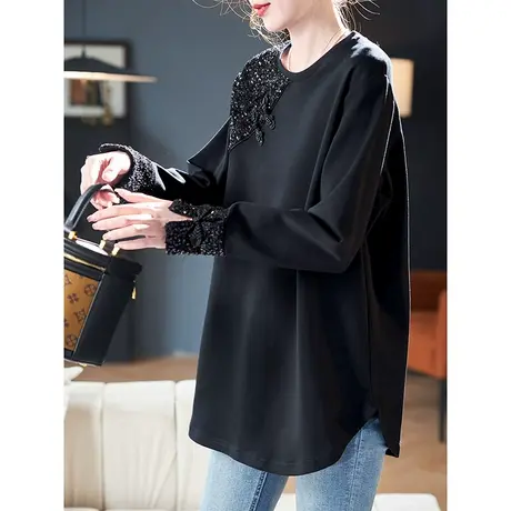 宝诗黎圆领亮片盘扣长袖T恤女2024春季新款设计感棉质休闲上衣潮图片