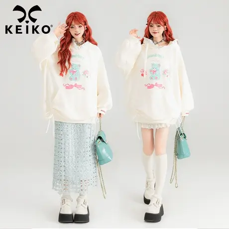 KEIKO 甜系小熊印花连帽卫衣女2024早春奶系穿搭慵懒风宽松外套商品大图