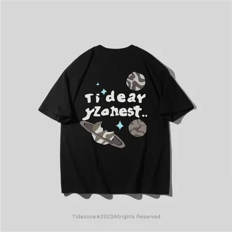 Ohlyah美式嘻哈街头飞船星球趣味印花男女短袖T恤创意设计感半袖图片