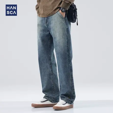 hansca蓝色水洗牛仔裤男秋季美式潮牌痞帅宽松直筒阔腿休闲长裤子商品大图