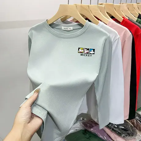 早春chic上衣甜辣设计感圆领米奇印花t恤纯棉修身显瘦打底衫内搭商品大图