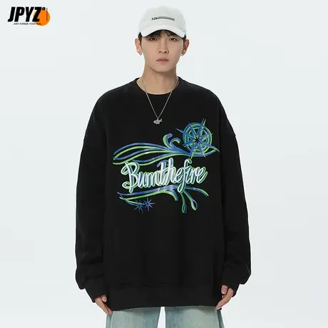 新款潮牌圆领长袖无帽美式复古休闲男士套头卫衣秋冬外穿外套上衣商品大图