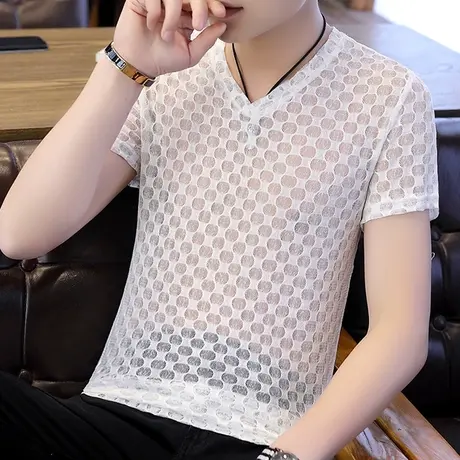 夏季男士个性冰丝短袖T恤修身韩版网红网眼镂空半袖体恤打底衫潮商品大图