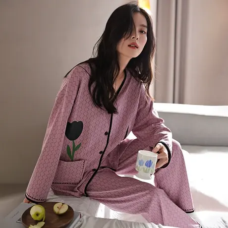 婷美秋冬季睡衣女士纯棉长袖长裤开衫春秋季高档全棉家居服两件套商品大图