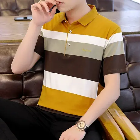 2023新款男士青年条纹Polo衫短袖t恤夏季上衣服潮流翻领半袖体恤商品大图