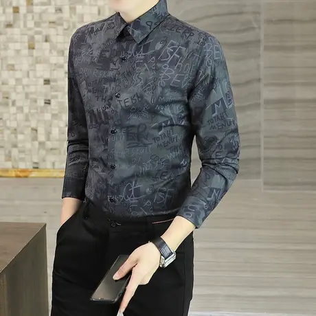 2023春秋季潮牌轻奢长袖衬衫男潮流修身免烫花衬商务休闲个性寸衫图片