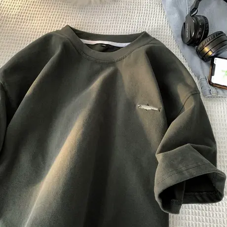 夏季圆领宽松短袖T恤男潮流2023新款美式复古港风休闲打底衫体恤商品大图