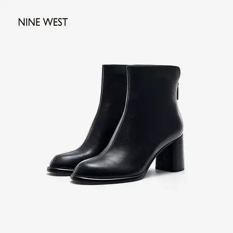 Nine West/玖熙方头粗跟时装靴女2023年秋冬新款羊皮优雅瘦瘦短靴商品大图