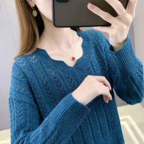 早秋新款洋气短款娇小矮个子毛衣女镂空针织衫亮片上衣高腰薄款潮商品大图