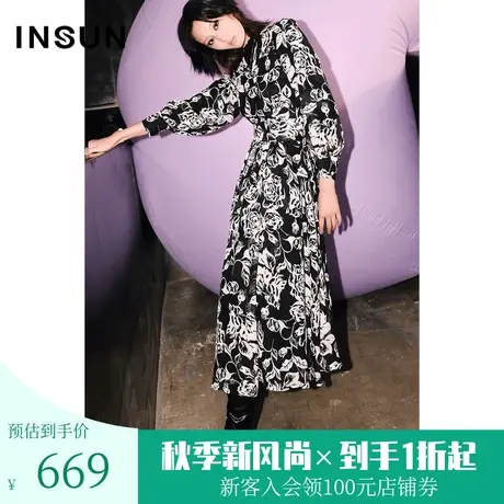 恩裳COVER春秋季时尚大气水墨玫瑰印花气质收腰复古茶歇裙图片