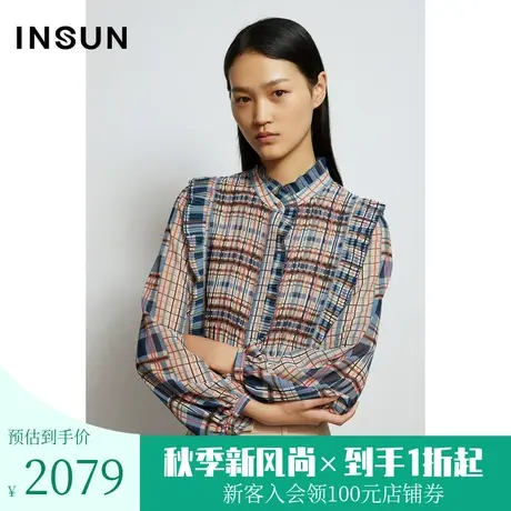 恩裳秋季商场同款复古气息格纹撞色拼接桑蚕丝真丝衬衫女商品大图