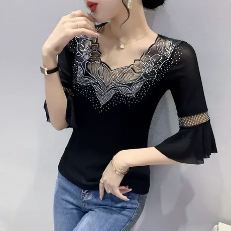 重工烫钻荷叶五分袖T恤女性感网纱打底衫时髦洋气V领漂亮上衣夏装商品大图
