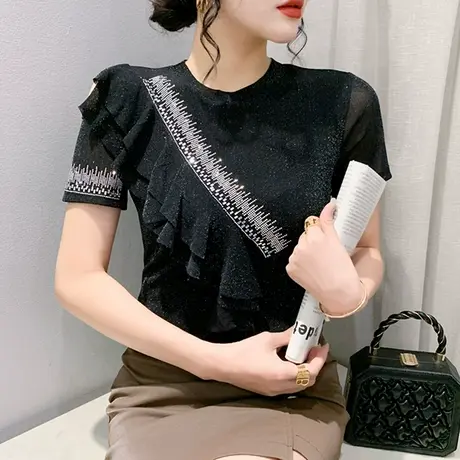 性感镂空短袖女时尚洋气网纱T恤夏季设计感荷叶边上衣紧身小衫潮图片