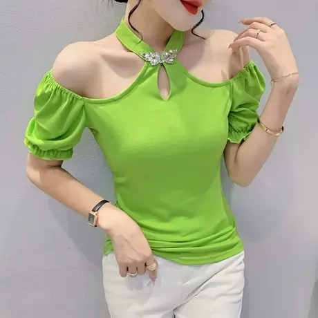 时尚立领泡泡袖T恤女短袖欧货性感露肩上衣修身显瘦小衫洋气丅恤商品大图
