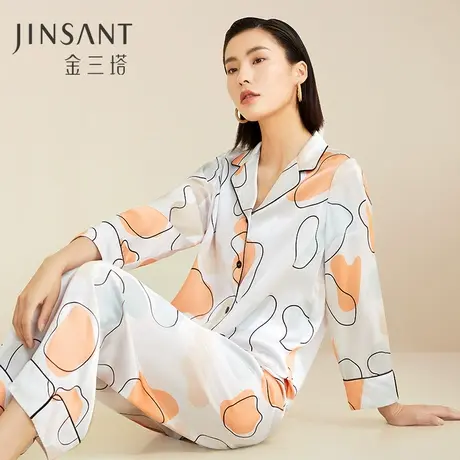 金三塔100%桑蚕丝丝滑时尚宽松版型女士动物几何印花衣裤套家居服图片