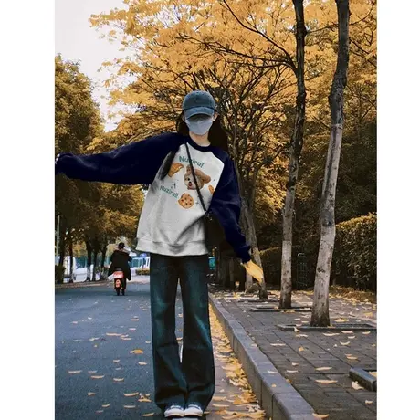 2023新款爆款美式复古插肩袖卫衣女秋冬薄款宽松休闲圆领长袖上衣商品大图