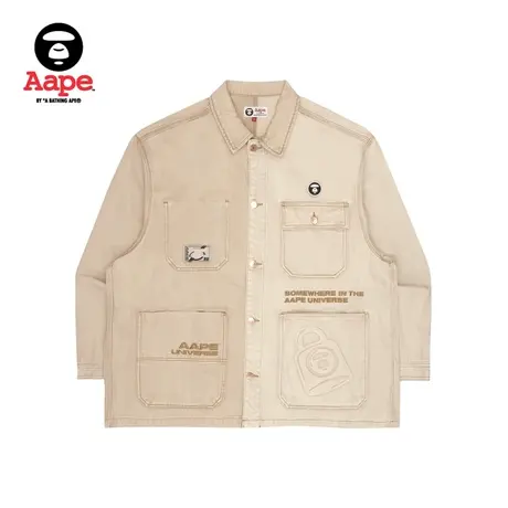 Aape旗舰店男装秋冬猿颜酷帅字母刺绣拼接口袋牛仔外套7506XBI图片
