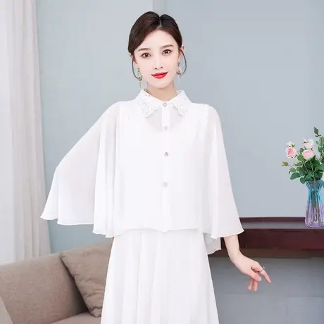 白色旗袍领雪纺披肩2022新款网红主播薄款遮阳防晒百搭配裙子斗篷图片